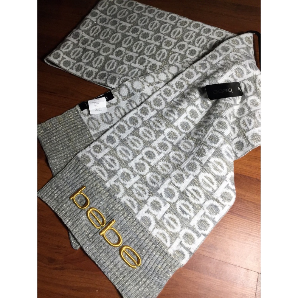 NWT bebe scarf Gray, White & Gold embroidered logo